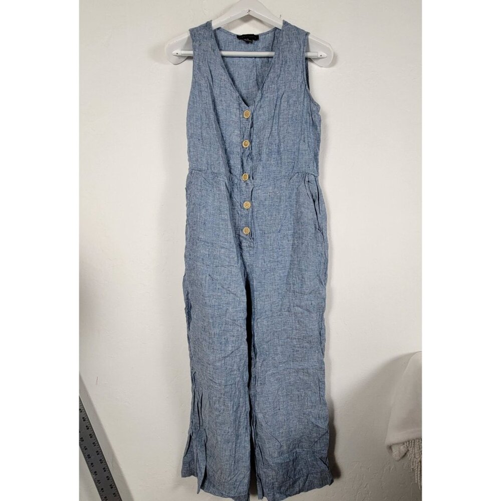 Sanctuary Blue Linen Button-Front Sleeveless Jumpsuit Medium V-neck Pockets